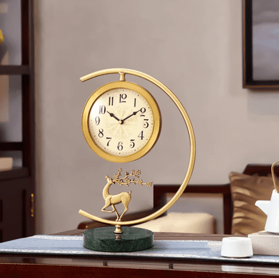 桌鐘 黃銅福鹿座鐘 寬26*高39cm  台式鐘錶擺件 客廳電視櫃擺鐘 復古鐘錶 新中式靜音桌面時鐘