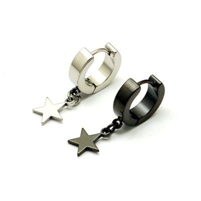 316L醫療鋼 五角星星 垂墜耳環耳圈扣-黑、銀 防抗過敏 單支販售