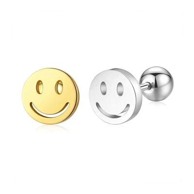 316L醫療鋼 微笑笑臉 旋轉式耳環-金、銀 防抗過敏 單支販售