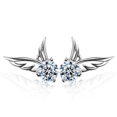 925純銀 翅膀天使 天然白水晶 耳環耳釘針-銀 防抗過敏