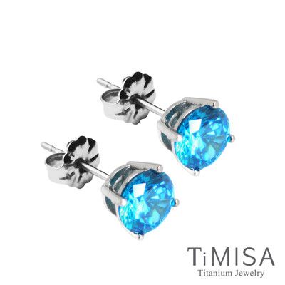 【TiMISA 純鈦飾品】 奢華晶鑽 藍鑽純鈦耳環一對