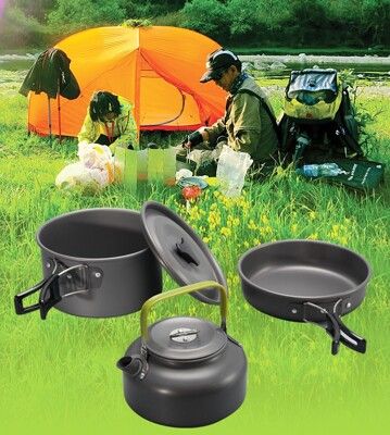 露營2-3人套裝煎鍋煮鍋茶壺組合硬質氧化鋁鍋野營套鍋茶壺套裝新款旅行