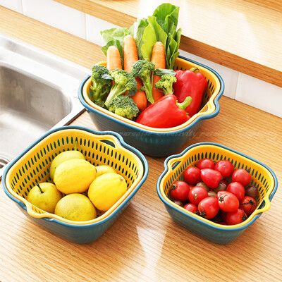 【雙層瀝水籃】(小號兩件組) 廚房創意雙層鏤空瀝水籃 蔬菜水果洗菜籃 收納籃 水果籃