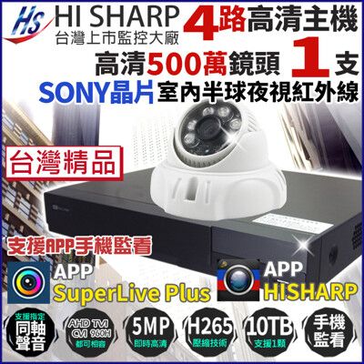 昇銳 500萬 H.265 4路主機 DVR + 1支 室內半球攝影機 台灣製 監視器套餐 帝網