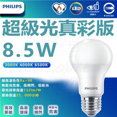 【Philips 飛利浦】 8.5W LED 超級光 真彩版 球泡燈 燈泡（白光/中性光/黃光)