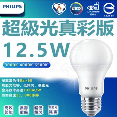 【Philips 飛利浦】12.5W LED 超級光 真彩版 球泡燈 燈泡（白光/中性光/黃光）