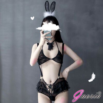 ◤ViVi◥【Gaoria】兔女郎 性感蛋糕蕾絲 吊帶短褲套裝 黑 情趣用品