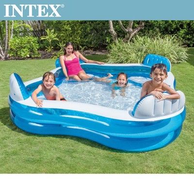 【INTEX】藍色透明有靠墊戲水游泳池229x229x66cm適用3歲+(56475N)