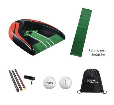 Posma PG140RD-D高爾夫推桿套組含4節紅木桿自動回球器帶旗桿球洞地毯比賽球輕便背包