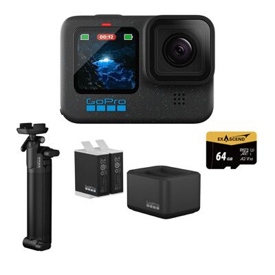 【GoPro】HERO 12 三向自拍套組(主機+三向自拍桿+雙座充+雙電池+64G記憶卡)