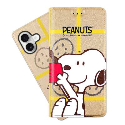 【SNOOPY/史努比】iPhone 16 Plus (6.7吋) 彩繪可站立皮套(吃餅乾)