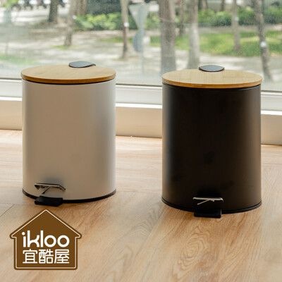 【ikloo】日式竹蓋靜音緩降腳踏式垃圾桶5L-2色可選 (竹蓋/腳踏式/緩衝蓋/雙層垃圾桶)