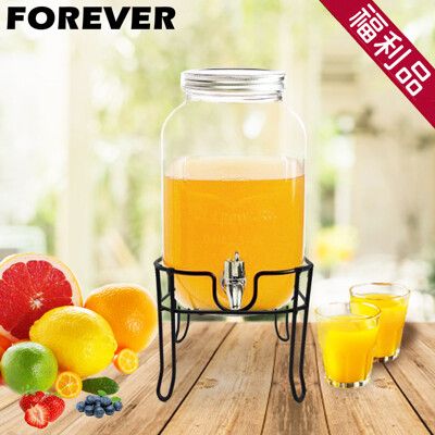 福利品-【日本FOREVER】夏天必備派對玻璃果汁飲料桶(含桶架)4L