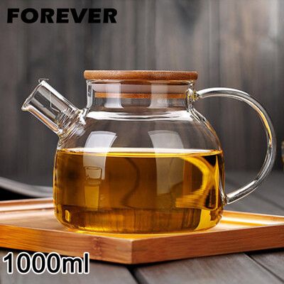 【日本FOREVER】日式竹蓋耐熱玻璃把手花茶壺1000ML