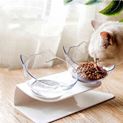 透明貓耳斜口護頸貓糧碗(雙碗) 寵物碗 貓碗 貓飯盆 貓糧碗 狗碗 狗盆