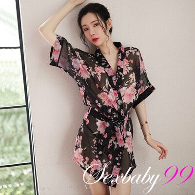 【Sexbaby99】微甜氛圍-性感透視雪紡印花睡裙外罩衫_性感睡衣_睡裙_外罩衫