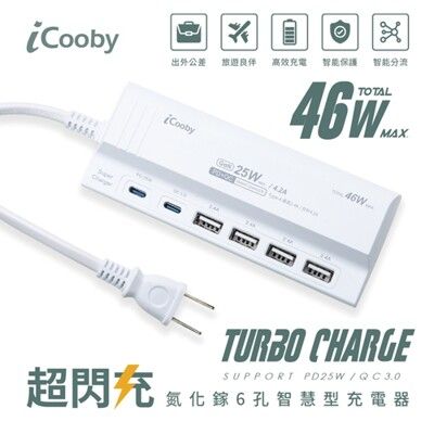 iCooby  UB-06P 氮化鎵 6孔PD+QC智慧型充電器(4A2C) 電源轉接頭 快速充電頭