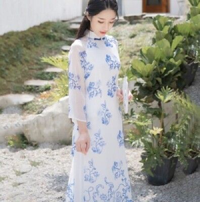 民族風連衣裙夏季中國風改良中式旗袍雪紡復古修身奧黛長裙子1入