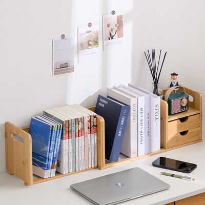竹製書架桌面書架簡易桌上小書架楠竹伸縮小書櫃帶抽屜可收縮書架