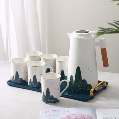 新中式保溫壺陶瓷水具杯子 成套杯具水壺水杯套裝 家用喬遷禮品茶具 交換禮物
