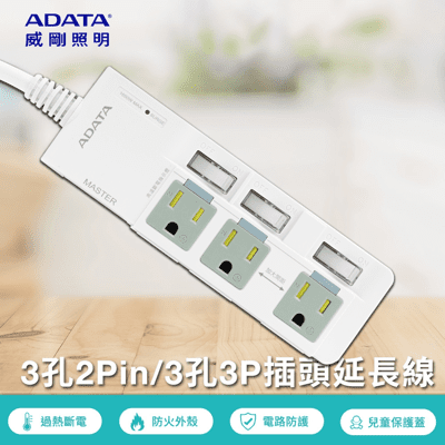 【威剛ADATA】S-101LC 4開3插2孔/3插3孔 1.8M 延長線用電源線組 PTP高溫自動