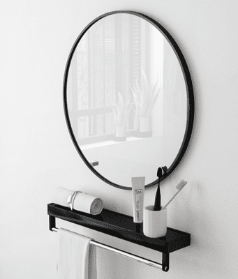 圓鏡 50cm+置物架 化妝鏡 浴室鏡 衛生間浴室鋁框圓鏡子免打孔廁所洗漱臺壁掛掛墻化妝貼墻鏡置物架