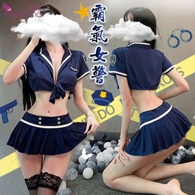 女警角色扮演服！前開襟綁帶短上衣金屬鈕釦皺摺短裙四件式套裝-含絲襪【Romance精品】