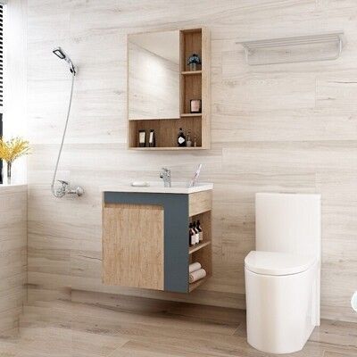 Cozy衛浴(時尚衛浴套組NO.15) 單體馬桶+60CM仿木紋貼皮盆櫃+木紋貼皮鏡櫃+五金配件