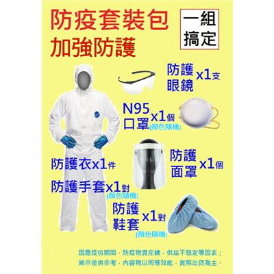 【防疫必備】成人防疫套裝包(全配)-防護衣(L)+防護面罩+防護眼鏡+防護手套等