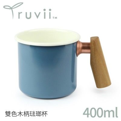 Truvii 趣味 雙色木柄琺瑯杯 400ml 柚木把手《素面/波斯藍》1080/馬克杯/露營杯/茶