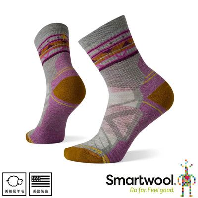 SmartWool 美國 女 機能戶外全輕量減震民族風印花中筒襪《月光灰》SW001580/運動襪/