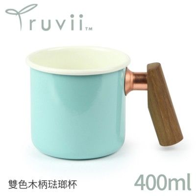 Truvii 趣味 雙色木柄琺瑯杯 400ml 柚木把手《素面/湖水藍》1080/馬克杯/露營杯/茶