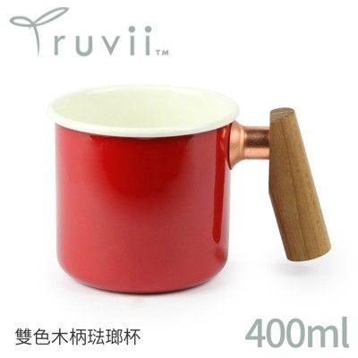 Truvii 趣味 雙色木柄琺瑯杯 400ml 柚木把手《素面/蘋果紅》1080/馬克杯/露營杯/茶