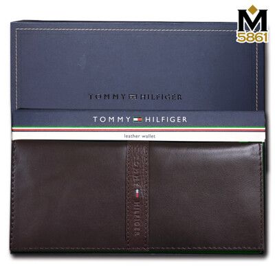 【Tommy】Tommy Hilfiger 男皮夾 長夾 牛皮中標設計 多卡夾 三鈔層 品牌盒裝／咖