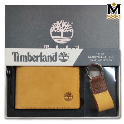 【Timberland】男皮夾 短夾 麂皮 牛皮夾 零錢袋+鑰匙圈套組 品牌盒裝+原廠提袋／黃駝色