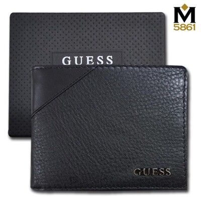 【Guess】男皮夾 短夾 荔紋牛皮夾 斜三角設計 金屬Logo 雙鈔夾 品牌盒裝／黑色