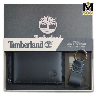 【Timberland】男皮夾 短夾 牛皮夾 零錢袋 多卡夾+鑰匙圈套組 品牌盒裝+原廠提袋／黑色