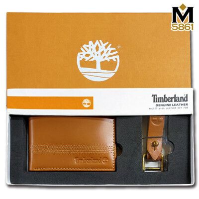 【Timberland】男皮夾 短夾 簡式卡夾+鑰匙圈套組 品牌盒裝+原廠提袋／棕色