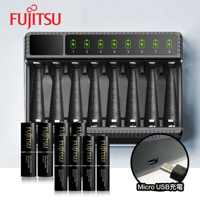 【日本Fujitsu】低自放電充電電池組(3號2450mAh4號900mAh+八槽USB充+電池盒)