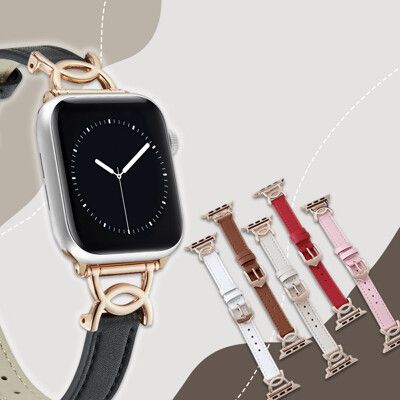 【都會花漾】雙C環 Apple Watch 42mm/44mm/45mm/49mm 金屬扣皮革錶帶