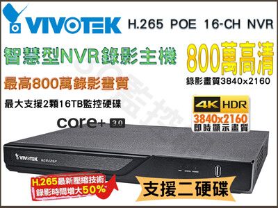 VIVOTEK 晶睿 台灣製造 ND9425P 16路 800萬 NVR 網路型監控主機