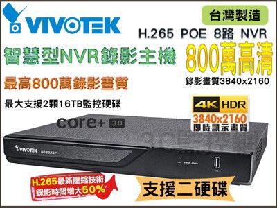 VIVOTEK 晶睿 台灣製造 ND9323P 8路 800萬 NVR 網路型監控主機