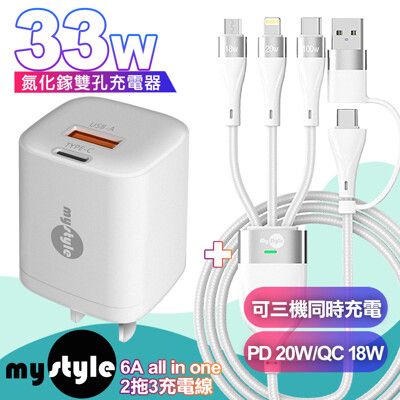 MyStyle Gan33w氮化鎵PD雙孔-白+MyStyle 二出三 6用型快充線-白