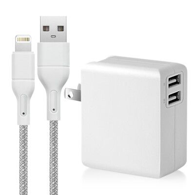 Dr.battery電池王2.4A雙輸出USB充電器+編織USB to L 蘋果充電線1米(淺灰)