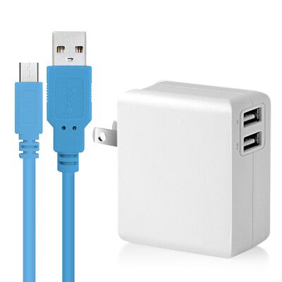 Dr.battery電池王2.4A雙輸出USB充電器+UL認證MICRO 6A USB充電線2米-藍
