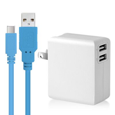 Dr.battery電池王2.4A雙輸出USB充電器+UL認證TypeC 6A USB充電線2米-藍