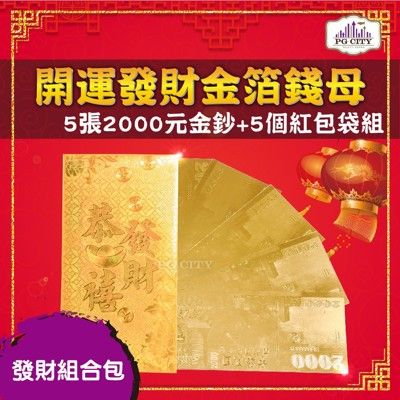 雙面金色金箔2000元 開運發財金箔錢母 發財金 5張2000金鈔+5個金箔紅包袋組 年節商品 PG