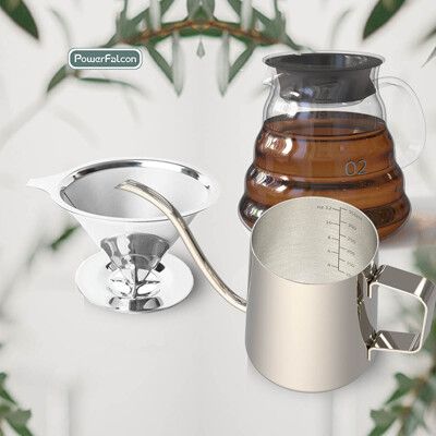 PowerFalcon 咖啡用品三件組(含-無蓋手沖壺350ML、不鏽鋼濾杯、雲朵壺)