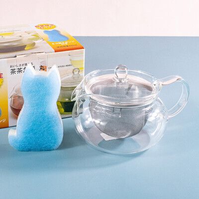 【日本Hario】附濾網耐熱丸形茶壺-450ml(CHJMN-45T)-贈貓咪造型三層海綿