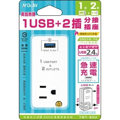 【聖岡科技Dr.AV】TNT-62U 1USB+2插 壁插 分接插座 2.4A(快